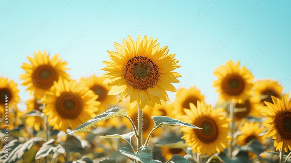 Fototapeta premium Tranquil Sunflower Field in Soft Pastel Tones: A Captivating Summer Landscape Under Blue Skies