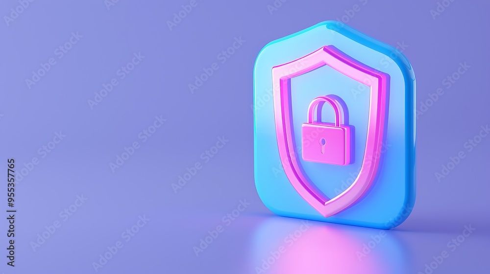 3D illustration of a blue and pink shield with a lock symbol, representing cybersecurity and data protection on a purple background. 3D illustration of a blue and pink shield with a lock symbol, representing cybersecurity and data protection on a purple background.
