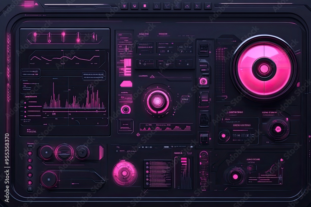 Fototapeta premium Futuristic control panel with vibrant pink and black design, featuring graphs, buttons, and dynamic displays for technology enthusiasts.