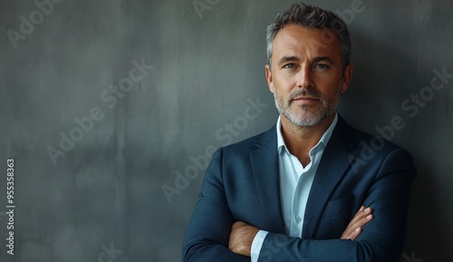 portrait of a handsome businessman in black suit and white shirt. Copy space