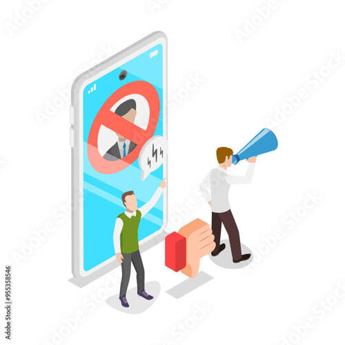 3D Isometric Flat Vector Illustration of Social Media Behavior, Boycott or Mass Riots. Item 2