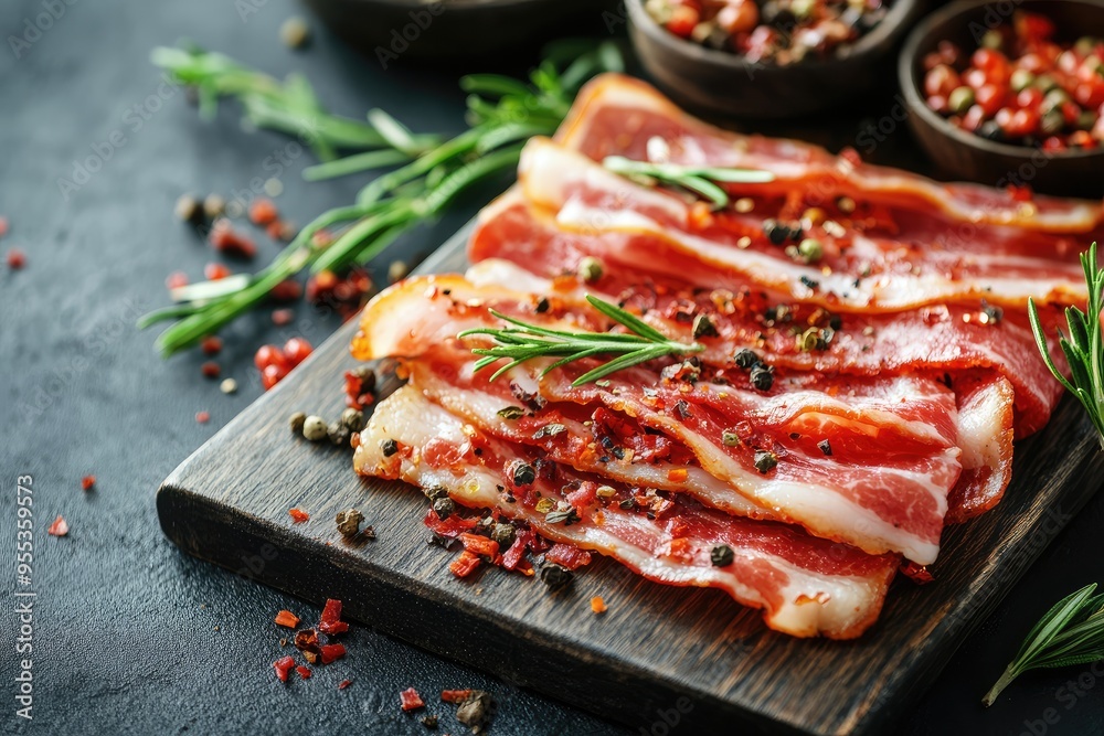 Close-up of crispy bacon slices. Perfect for advertising breakfast foods or meat products. Close-up of crispy bacon slices. Perfect for advertising breakfast foods or meat products.