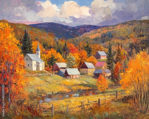 Oil painting depicting a rural village in the autumn mountains showcasing vibrant fall colors and serene landscapes