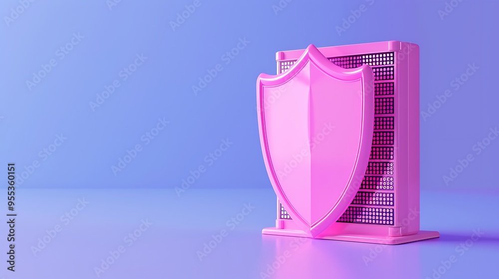 3D illustration of a pink shield protecting a computer server on a blue background, symbolizing cybersecurity and data protection. 3D illustration of a pink shield protecting a computer server on a blue background, symbolizing cybersecurity and data protection.