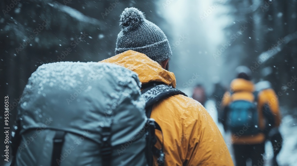 A hiker wearing a gray backpack and winter clothing walks through a snowy forest with snowflakes falling, accompanied by other hikers, embodying a sense of adventure and exploration.