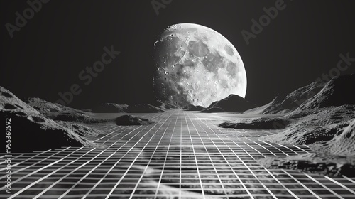 Wireframe landscape with large moon, grid path leading towards horizon, black and white, futuristic photo