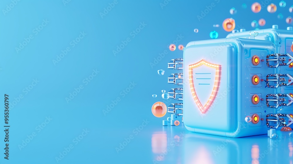 3D illustration of a secure server with digital shield, representing data security and protection in a modern technology concept. 3D illustration of a secure server with digital shield, representing data security and protection in a modern technology concept.
