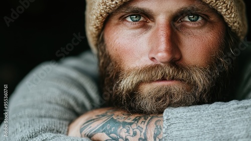 A detailed close-up of a bearded man with intense eyes, wearing a knit hat and a grey sweater, capturing a ruggedly handsome look in natural lighting. photo