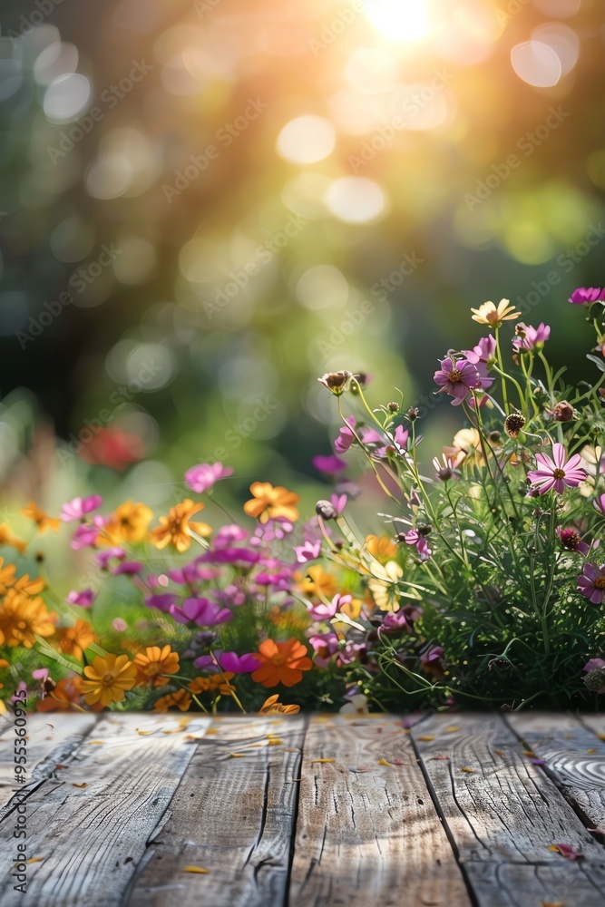 Wooden table with a blurred background of colorful flowers in soft sunlight Wooden table with a blurred background of colorful flowers in soft sunlight