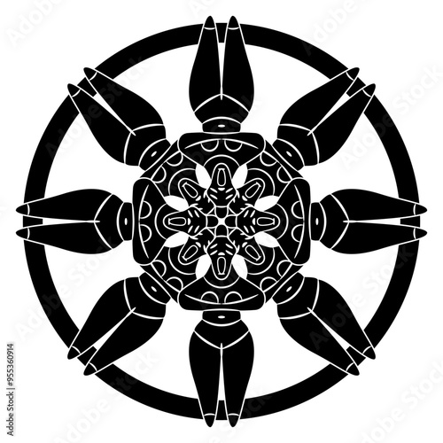 Round star shape ethnic mandala with ancient Neolithic female figurines from Ulucak Höyük, Turkey. Black and white silhouette.