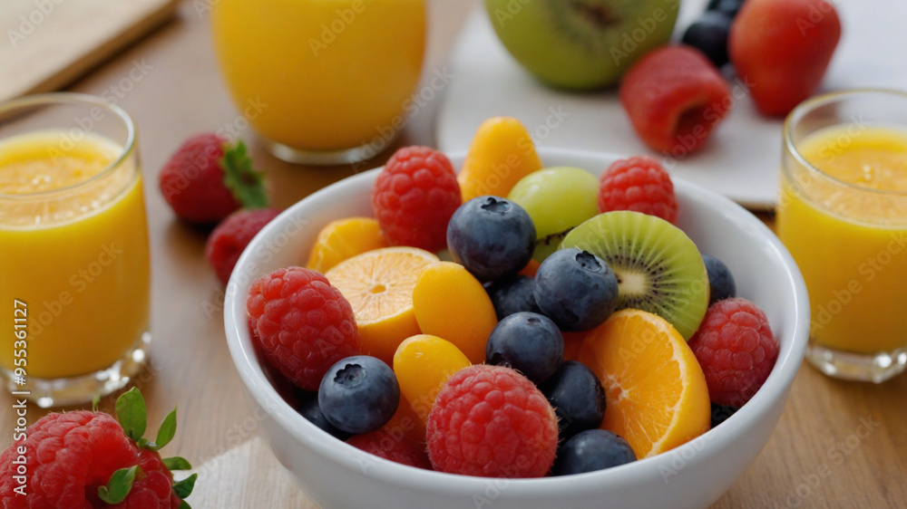 A healthy breakfast with assorted fruits on the table creates an ideal backdrop for showcasing nutritious meals. A healthy breakfast with assorted fruits on the table creates an ideal backdrop for showcasing nutritious meals.