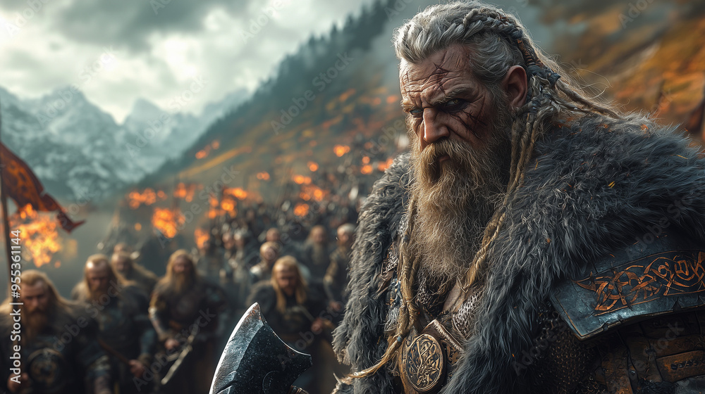 resolute dwarf commander with a weathered face and long white beard, holding a battle axe, leading his forces through snowy mountain terrain, ready for war resolute dwarf commander with a weathered face and long white beard, holding a battle axe, leading his forces through snowy mountain terrain, ready for war