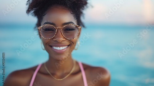 A smiling woman with glasses and hoop earrings enjoys a sunny day at the beach, showcasing a scenic backdrop of blue waters, evoking feelings of happiness and warmth.