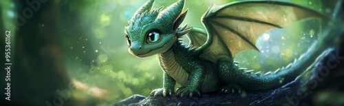 Charming dragon with big eyes among autumn leaves and fireflies, fantasy atmosphere