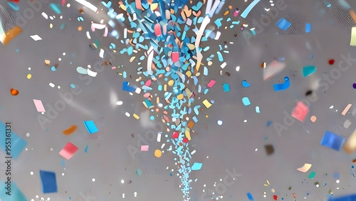 An explosion of colorful confetti frozen in mid-air, capturing the joyful energy and excitement of a celebratory moment. photo