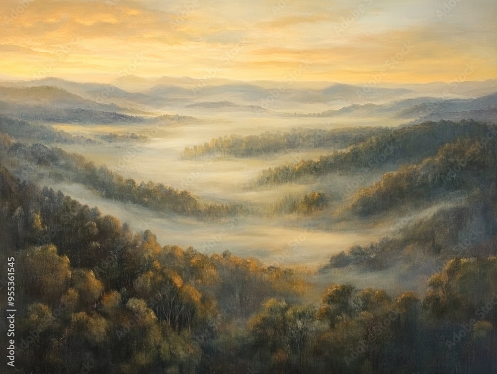 Obraz premium Oil painting depicting an aerial view of a fog covered valley at sunrise showcasing the serene beauty of the landscape