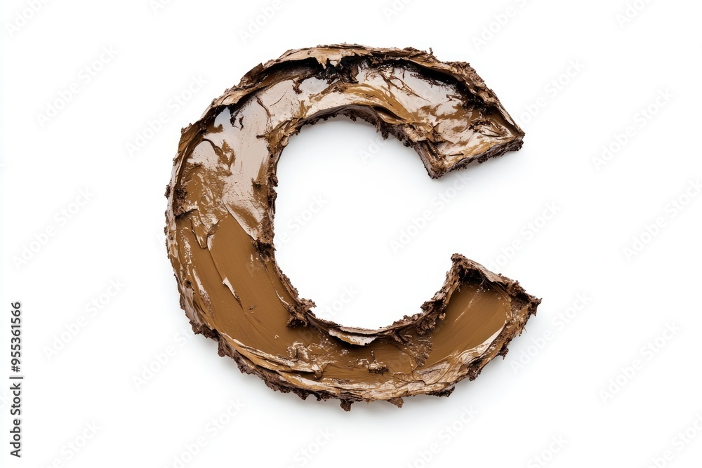 Oil painting of the letter C made from wet mud isolated on a white background with a clipping path