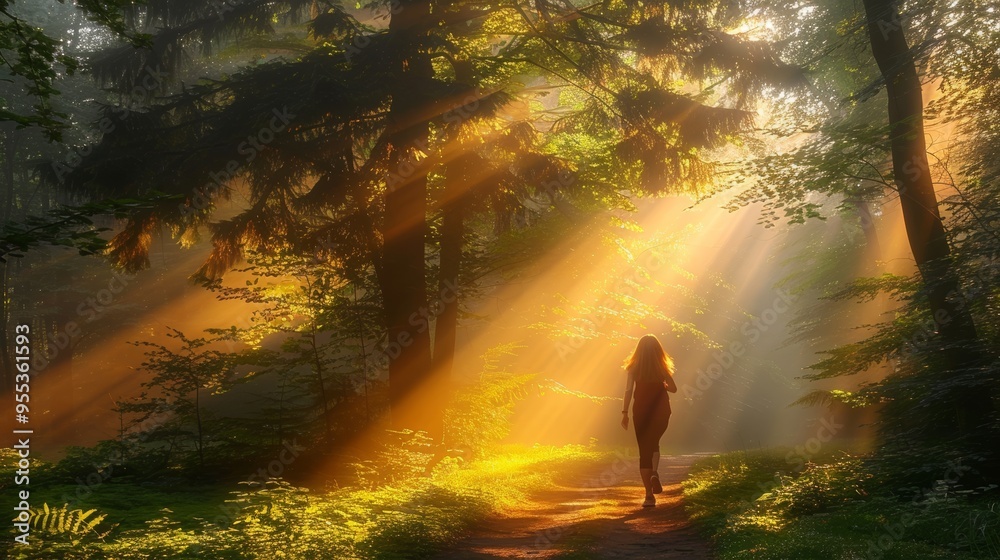 Fototapeta premium A fit woman jogging through a scenic park with sunlight filtering through the trees