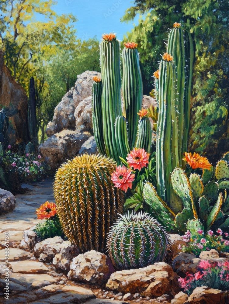 Oil painting depicting a diverse array of cacti in a garden setting showcasing different varieties of these unique plants Oil painting depicting a diverse array of cacti in a garden setting showcasing different varieties of these unique plants