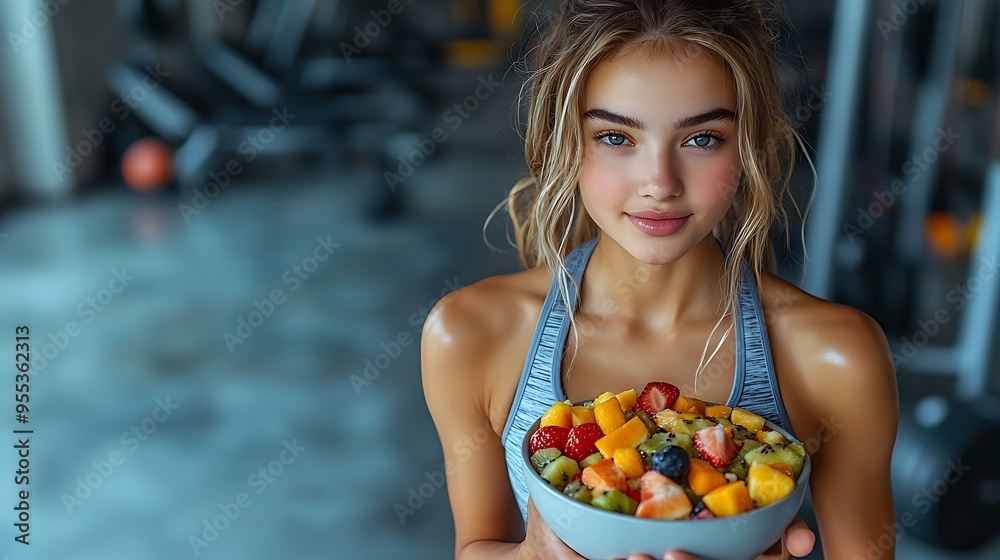 A beautiful woman in stylish athletic wear, enjoying a colorful fruit salad in a bright gym, with the morning sun casting warm light across the scene, gym equipment softly out of focus behind her, A beautiful woman in stylish athletic wear, enjoying a colorful fruit salad in a bright gym, with the morning sun casting warm light across the scene, gym equipment softly out of focus behind her,