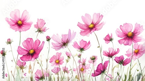 Fototapeta Naklejka Na Ścianę i Meble -  Watercolor illustration of blooming pink cosmos flowers in a field