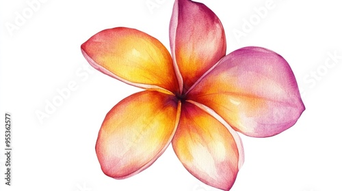 Watercolor illustration of a tropical flower plumeria isolated on a white background suitable for textile wallpaper and cosmetic design