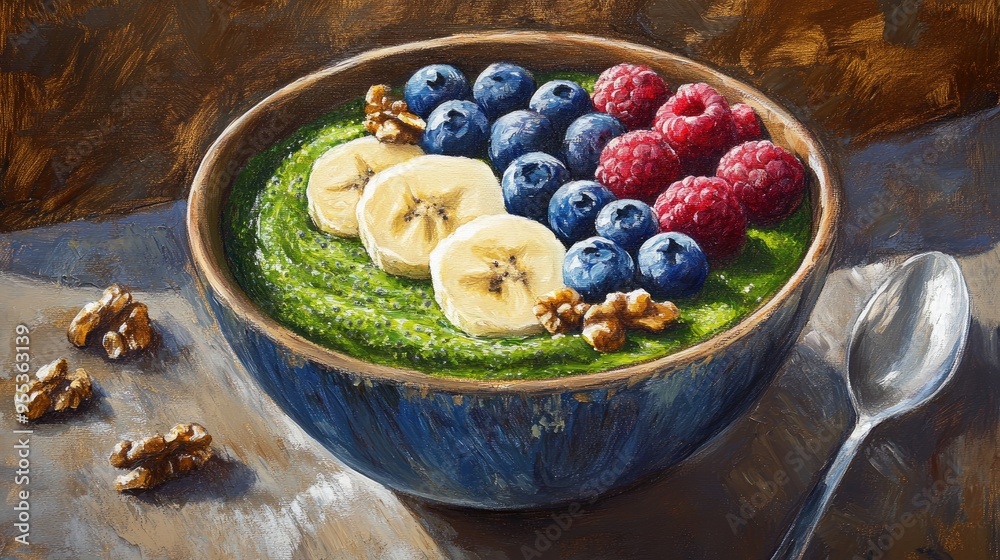 Oil painting depicting a Buddha bowl filled with green chia pudding topped with banana slices blueberries raspberries and walnuts representing a healthy meal with fruit garnish Oil painting depicting a Buddha bowl filled with green chia pudding topped with banana slices blueberries raspberries and walnuts representing a healthy meal with fruit garnish