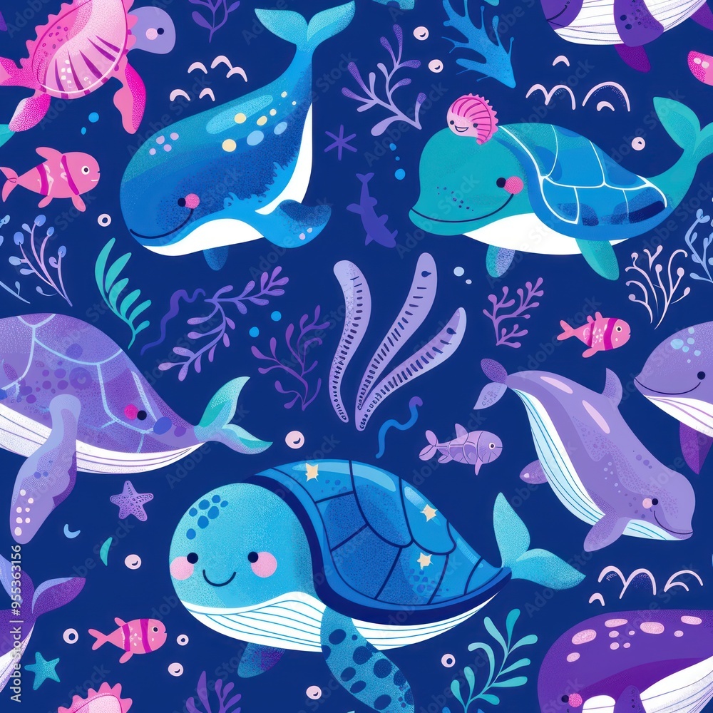 Sea Life Pattern with Whales, Turtles and Fish Sea Life Pattern with Whales, Turtles and Fish