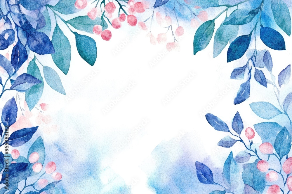 A beautiful watercolor frame featuring blue leaves and pink berries, perfect for invitations or seasonal decor. A beautiful watercolor frame featuring blue leaves and pink berries, perfect for invitations or seasonal decor.