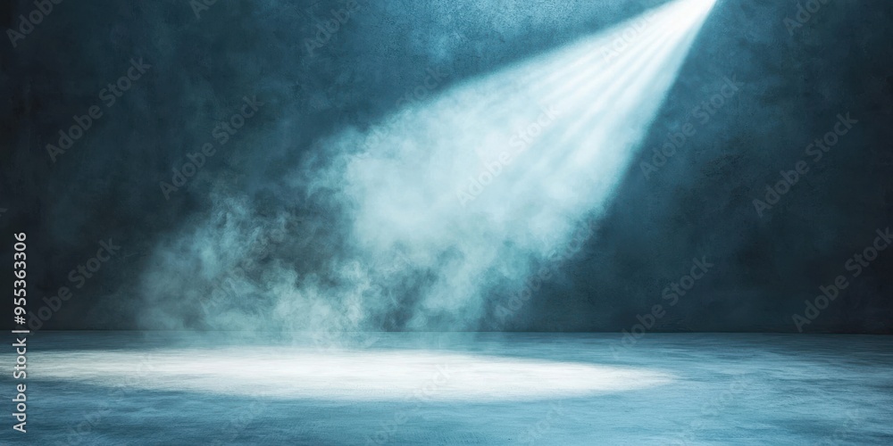 A dramatic spotlight shining through mist, creating a mystical atmosphere in a dark environment for stage or photography. A dramatic spotlight shining through mist, creating a mystical atmosphere in a dark environment for stage or photography.