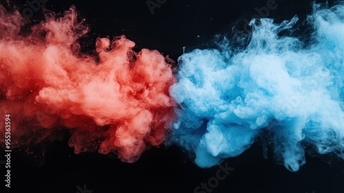 A striking image of vibrant red and blue smoke merging together against a dark background, creating a mesmerizing and dynamic visual effect with contrasting colors.