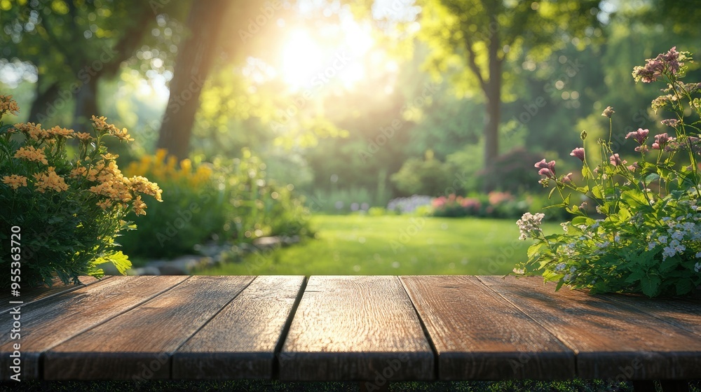 Wooden table in a green garden. Perfect for showcasing products or creating a relaxing mood. Wooden table in a green garden. Perfect for showcasing products or creating a relaxing mood.