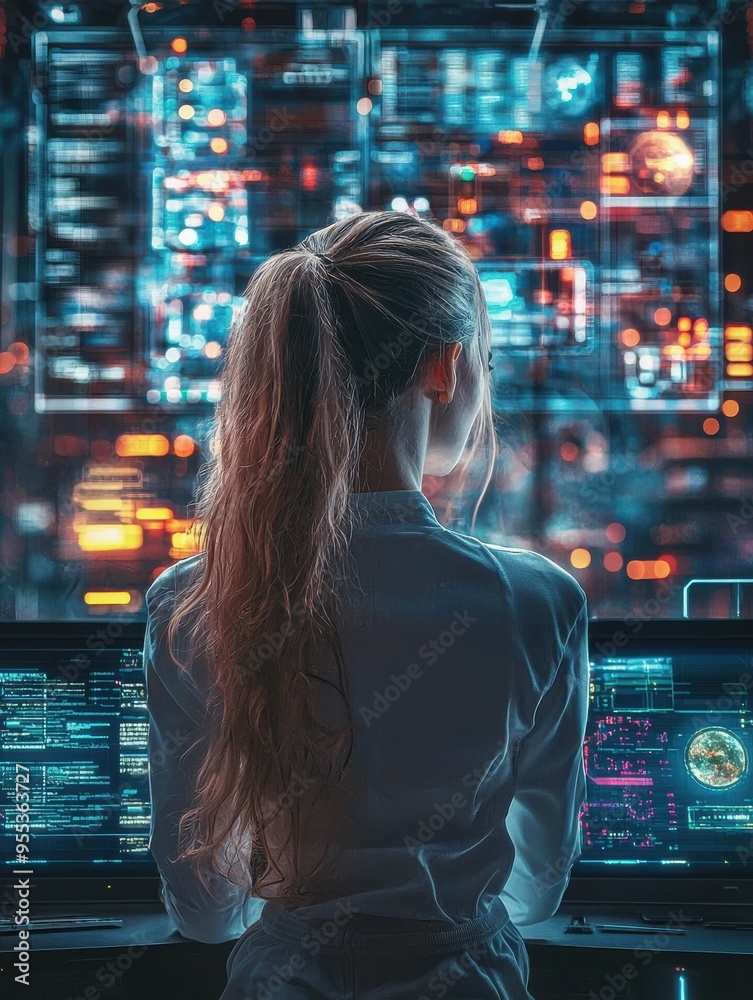 A female professional analyzing data on multiple screens in a futuristic work environment, showcasing advanced technology. A female professional analyzing data on multiple screens in a futuristic work environment, showcasing advanced technology.
