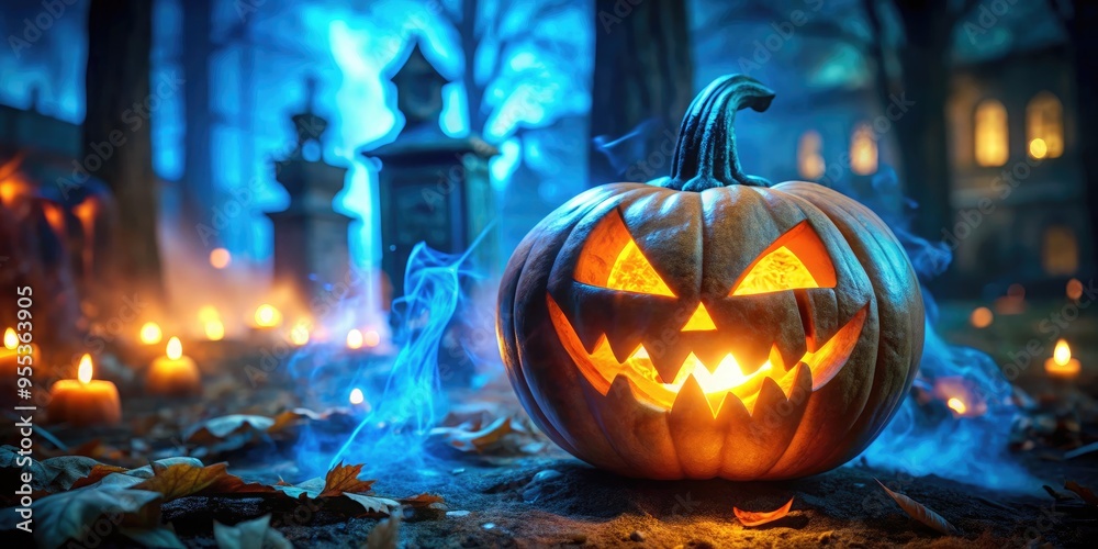 Close-up photo of glowing blue ghost flames swirling around a jack-o'-lantern, with a blurred background featuring a misty haunted graveyard and silhouetted tombstones Close-up photo of glowing blue ghost flames swirling around a jack-o'-lantern, with a blurred background featuring a misty haunted graveyard and silhouetted tombstones