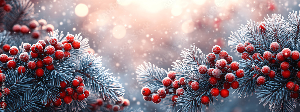 Winter banner background with pine branches and red berries, snowflakes, white background, ice texture, Generative AI.
