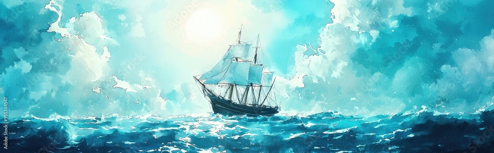 Watercolor illustration of a ship navigating the ocean under a bright sun Watercolor illustration of a ship navigating the ocean under a bright sun