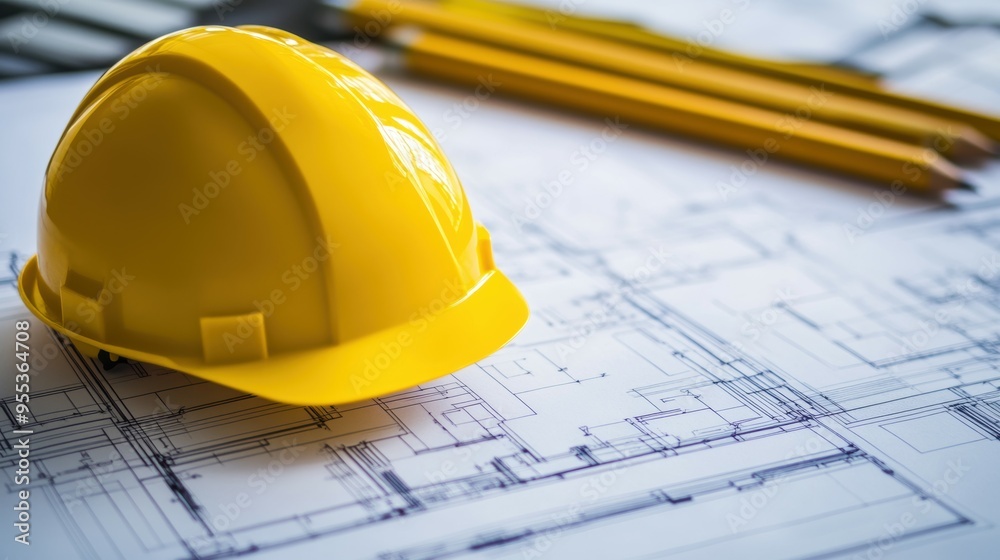 Blueprint floor plan architectural project on the table with yellow helmet and pencil Blueprint floor plan architectural project on the table with yellow helmet and pencil