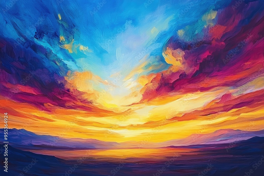 Oil painting depicting a sunset with vibrant colors and dramatic sky Oil painting depicting a sunset with vibrant colors and dramatic sky