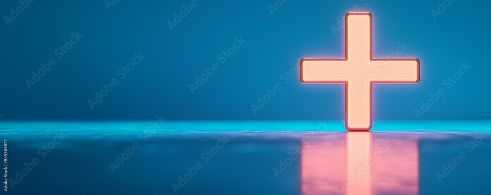 Abstract healthcare concept with a glowing plus sign on a tranquil blue background Abstract healthcare concept with a glowing plus sign on a tranquil blue background