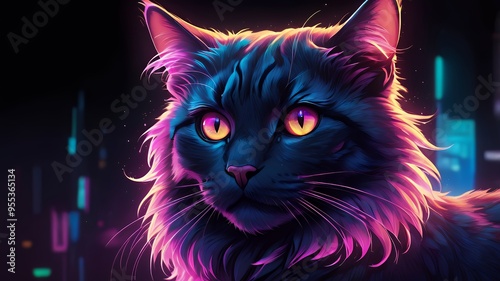 A black cat illustration cyberpunk style