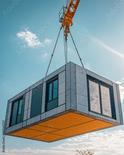 A modern prefab container being lifted by a crane against a clear blue sky. Ideal for construction and architecture themes.