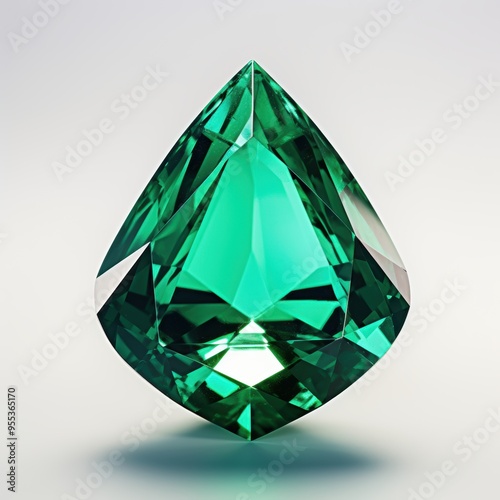 A round emerald organza stone in the shape of a teardrop is set on a smooth white surface. photo