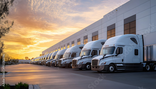 “Modern Warehouse with Trucks Parked Outside, Symbolizing Efficient Logistics and Supply Chain Management”
 photo