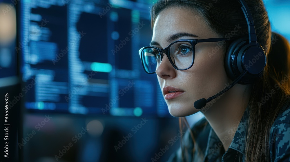 Woman with headset and glasses for questions about technology and information. cyber protection Woman with headset and glasses for questions about technology and information. cyber protection