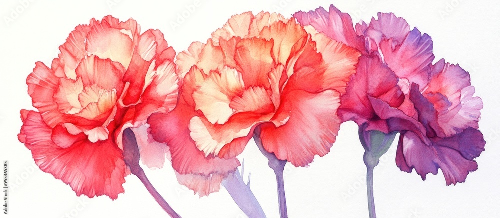 Watercolor illustration of vibrant carnation flowers in close up perspective