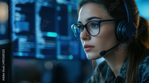 Woman with headset and glasses for questions about technology and information. cyber protection