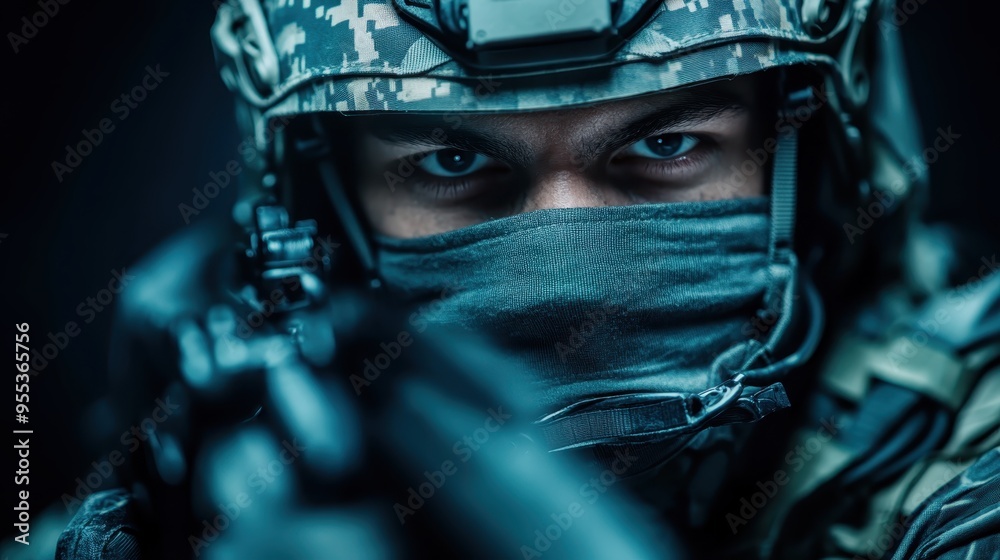 A soldier in full tactical gear aims a weapon forward with intensity in a blue-lit background, symbolizing precision, focus, and the dedication of military service members. A soldier in full tactical gear aims a weapon forward with intensity in a blue-lit background, symbolizing precision, focus, and the dedication of military service members.