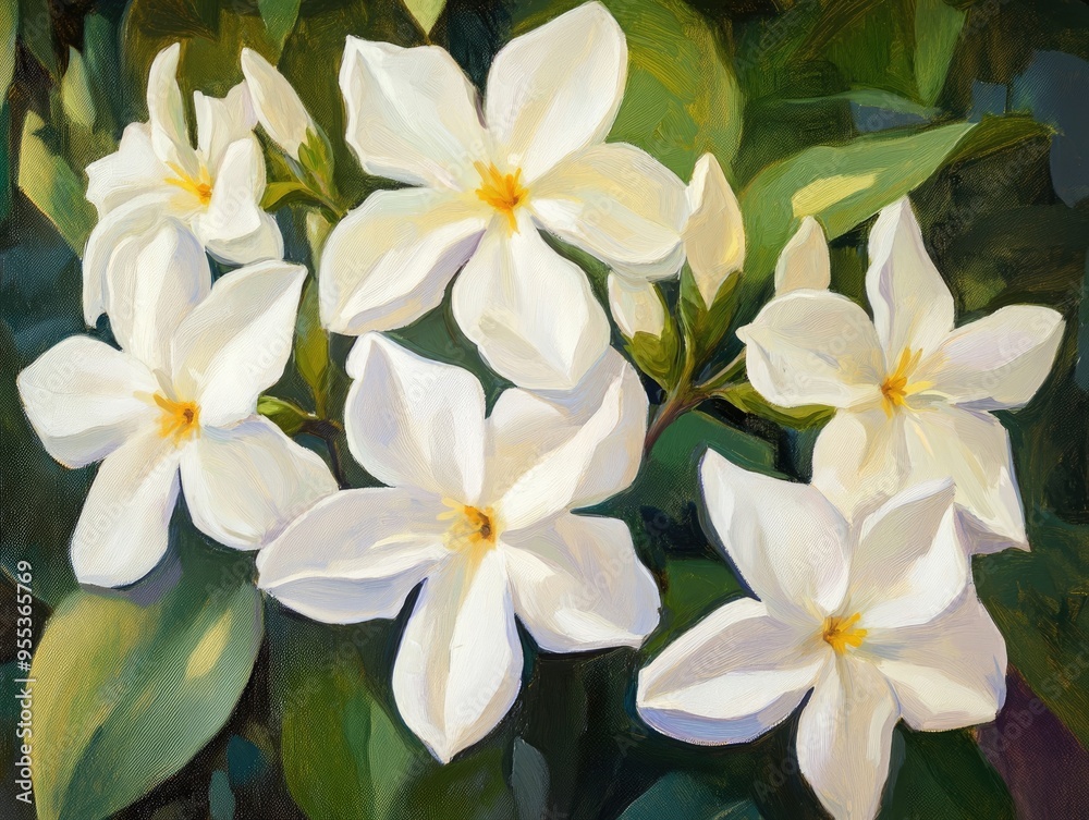 Macro oil painting of jasmine flowers set against a lush green garden backdrop focusing on the intricate details of the blossoms Macro oil painting of jasmine flowers set against a lush green garden backdrop focusing on the intricate details of the blossoms