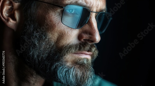 A close-up detail of a soldier's ear, symbolizing alertness and attentiveness, set in a blue-lit setting, emphasis on the precision and focus inherent in military roles. photo