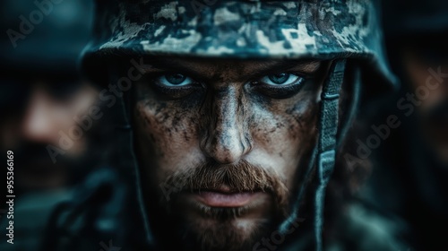 A close-up of a soldier in a camouflage uniform, capturing the intensity and focus typically seen in combat scenarios, with a blurred background adding to the dramatic effect.